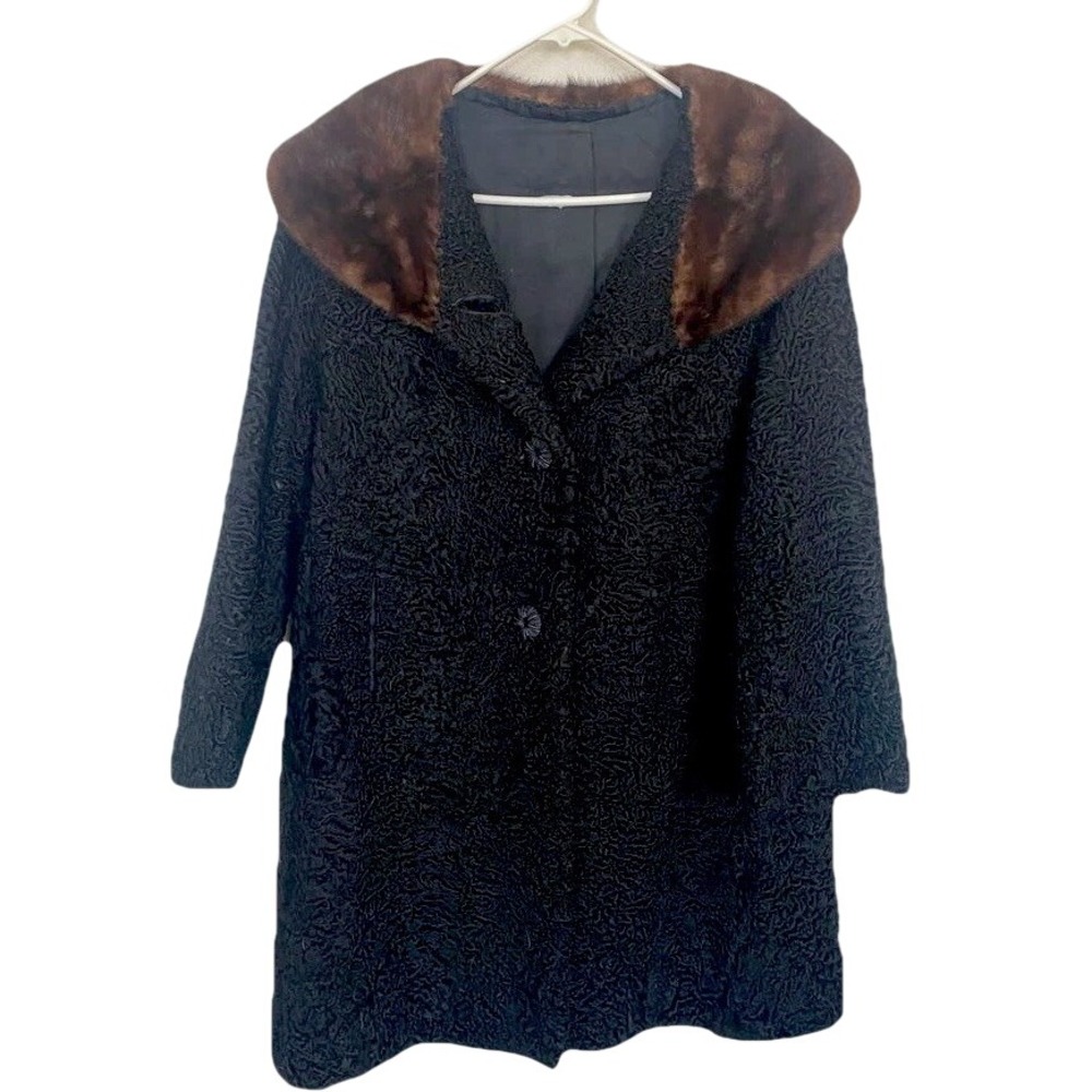 Vintage Curly‎ Lamb Fur Coat Black w/ Brown Mink Collar